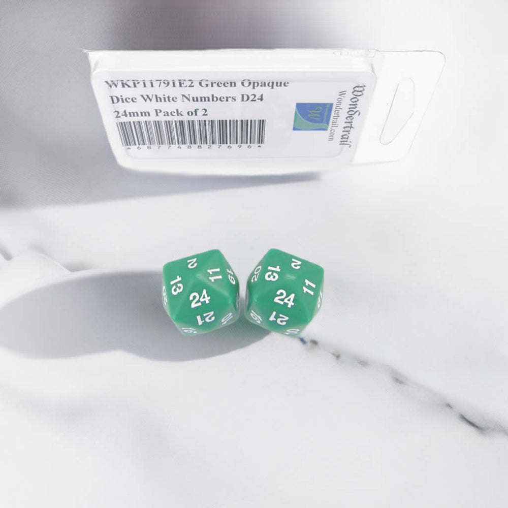 WKP11791E2 Green Opaque Dice White Numbers D24 24mm Pack of 2 (ONLINE ORDER ONLY)
