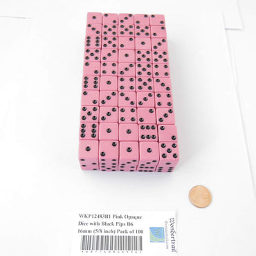 WKP12483B1 Pink Opaque Dice with Black Pips D6 16mm (5/8 inch) Pack of 100 (ONLINE ORDER ONLY)