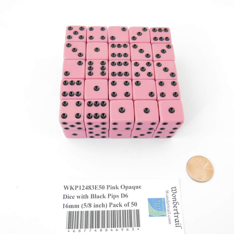 WKP12483E50 Pink Opaque Dice with Black Pips D6 16mm (5/8 inch) Pack of 50 (ONLINE ORDER ONLY)
