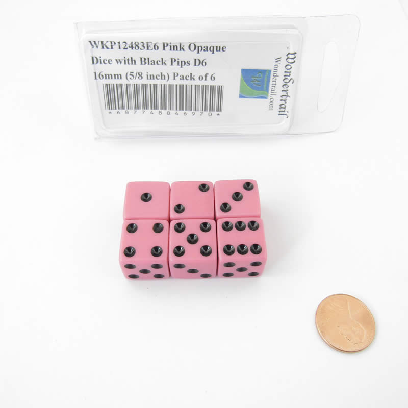 WKP12483E6 Pink Opaque Dice with Black Pips D6 16mm (5/8 inch) Pack of 6 (ONLINE ORDER ONLY)