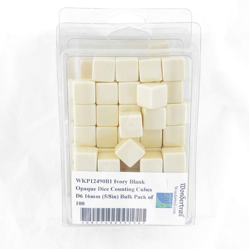 WKP12490B1 Ivory Blank Opaque Dice Counting Cubes D6 16mm (5/8in) Bulk Pack of 100 (ONLINE ORDER ONLY)