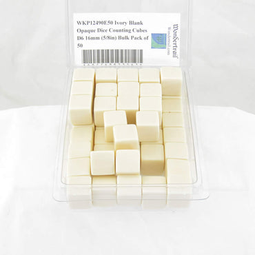 WKP12490E50 Ivory Blank Opaque Dice Counting Cubes D6 16mm (5/8in) Bulk Pack of 50 (ONLINE ORDER ONLY)