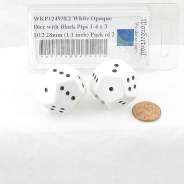 WKP12493E2 White Opaque Dice with Black Pips 1-4 x 3 D12 28mm (1.1 inch) Pack of 2 (ONLINE ORDER ONLY)