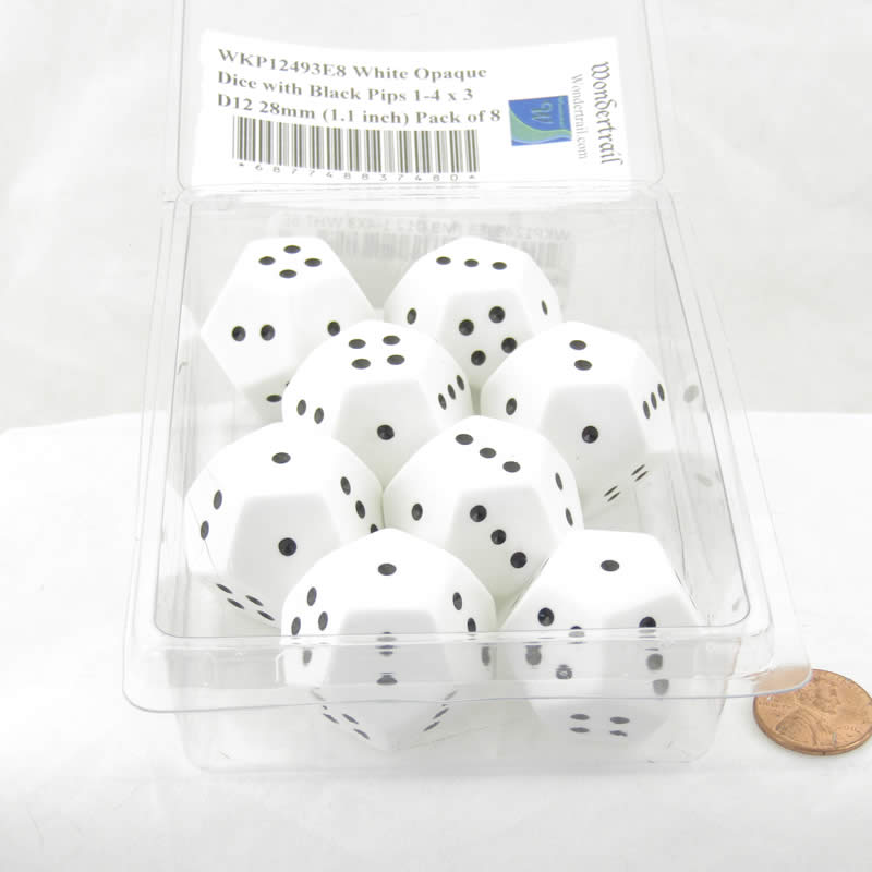 WKP12493E8 White Opaque Dice with Black Pips 1-4 x 3 D12 28mm (1.1 inch) Pack of 8 (ONLINE ORDER ONLY)