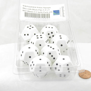 WKP12493E8 White Opaque Dice with Black Pips 1-4 x 3 D12 28mm (1.1 inch) Pack of 8 (ONLINE ORDER ONLY)