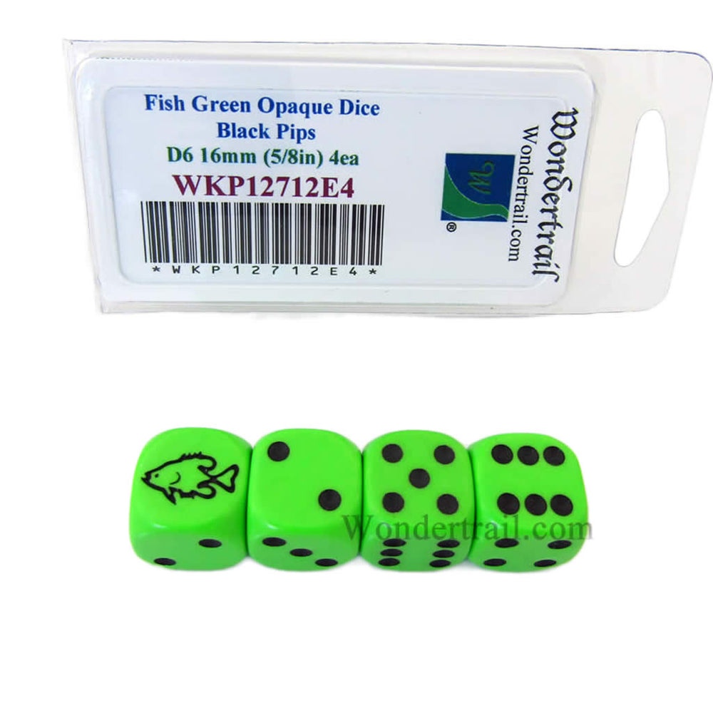 WKP12712E4 Fish Dice Green Opaque with Black Pips D6 16mm (5/8in) Set of 4 Dice (ONLINE ORDER ONLY)