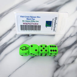 WKP12712E4 Fish Dice Green Opaque with Black Pips D6 16mm (5/8in) Set of 4 Dice (ONLINE ORDER ONLY)