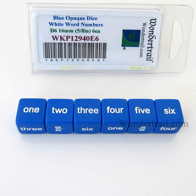 WKP12940E6 Blue Opaque Dice White Word Numbers D6 16mm Set of 6 (ONLINE ORDER ONLY)
