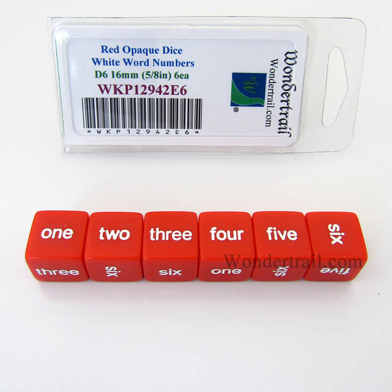 WKP12942E6 Red Opaque Dice White Word Numbers D6 16mm Set of 6 (ONLINE ORDER ONLY)