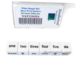 WKP12943E6 White Opaque Dice with Black Word Numbers D6 16mm (5/8in) Set of 6 Dice (ONLINE ORDER ONLY)