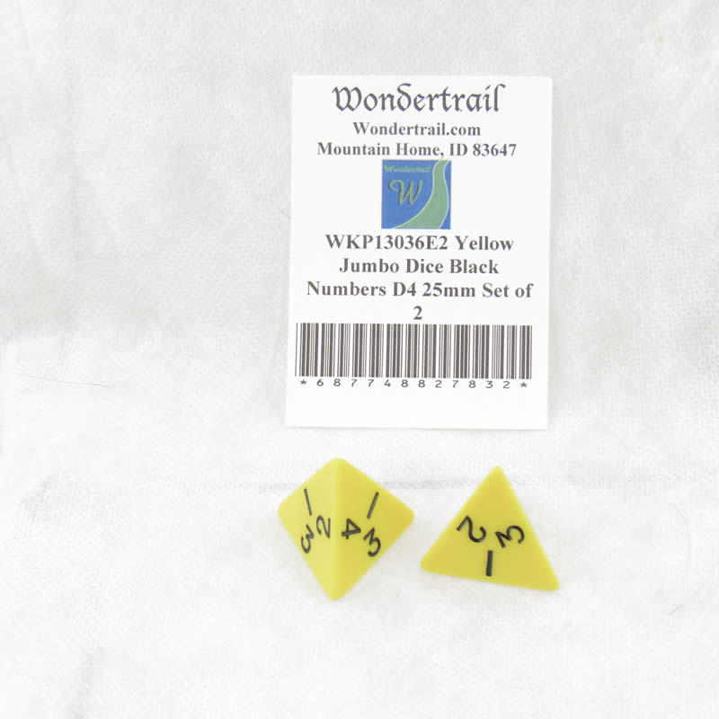 WKP13036E2 Yellow Jumbo Dice Black Numbers D4 25mm Set of 2 (ONLINE ORDER ONLY)