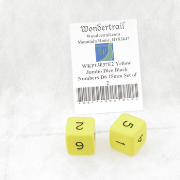 WKP13037E2 Yellow Jumbo Dice Black Numbers D6 25mm Set of 2 (ONLINE ORDER ONLY)