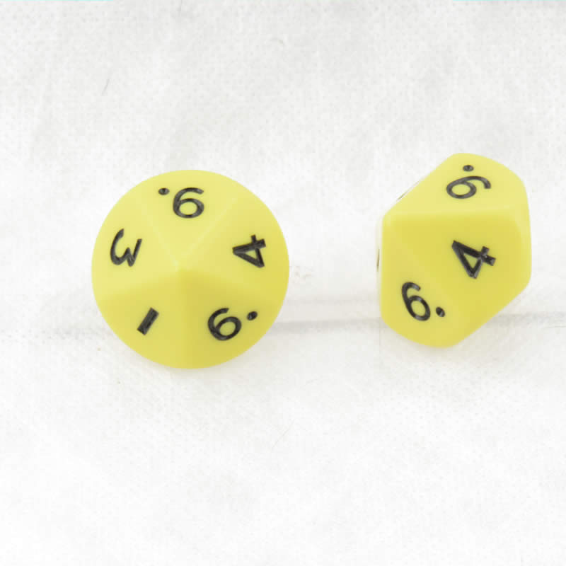 WKP13039E2 Yellow Jumbo Dice Black Numbers D10 25mm Set of 2 (ONLINE ORDER ONLY)