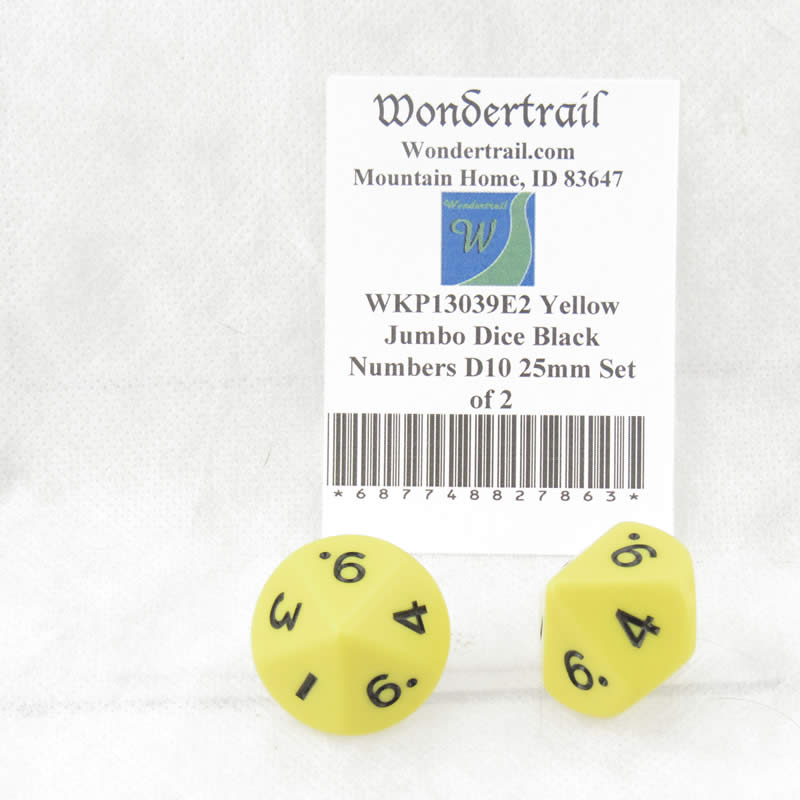 WKP13039E2 Yellow Jumbo Dice Black Numbers D10 25mm Set of 2 (ONLINE ORDER ONLY)