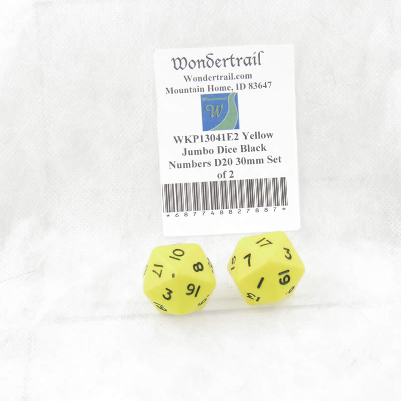 WKP13041E2 Yellow Jumbo Dice Black Numbers D20 30mm Set of 2 (ONLINE ORDER ONLY)