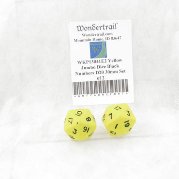 WKP13041E2 Yellow Jumbo Dice Black Numbers D20 30mm Set of 2 (ONLINE ORDER ONLY)