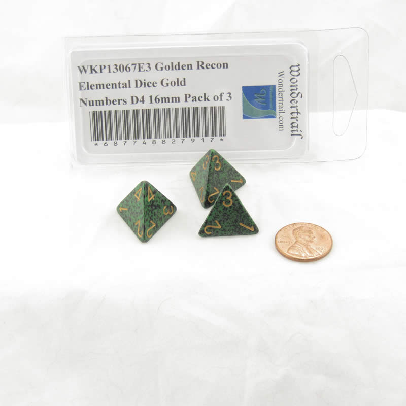 WKP13067E3 Golden Recon Elemental Dice Gold Numbers D4 16mm Pack of 3 (ONLINE ORDER ONLY)
