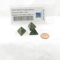 WKP13067E3 Golden Recon Elemental Dice Gold Numbers D4 16mm Pack of 3 (ONLINE ORDER ONLY)