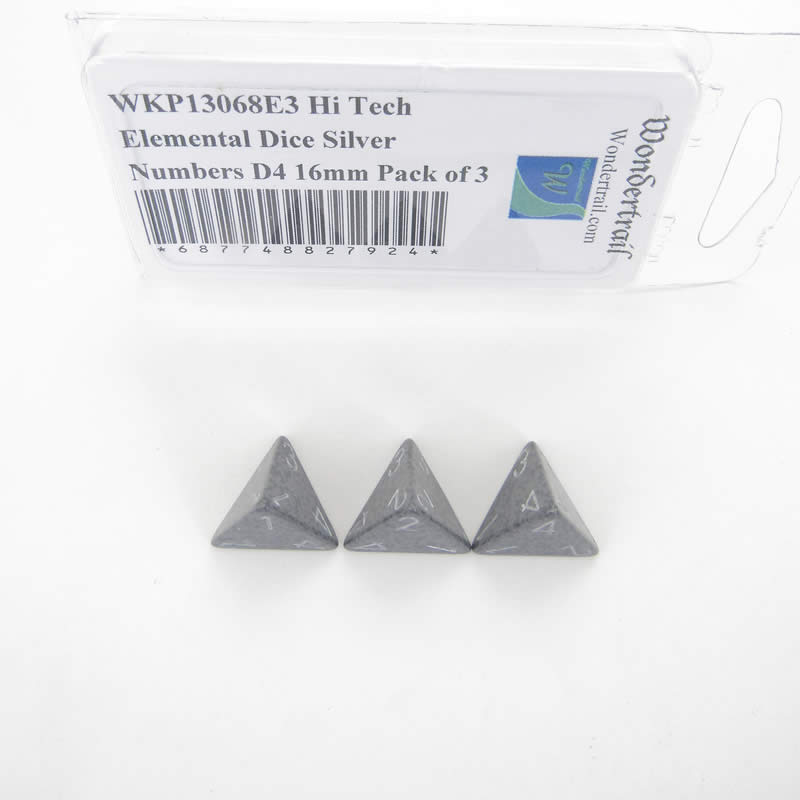 WKP13068E3 Hi Tech Elemental Dice Silver Numbers D4 16mm Pack of 3 (ONLINE ORDER ONLY)