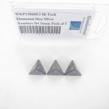 WKP13068E3 Hi Tech Elemental Dice Silver Numbers D4 16mm Pack of 3 (ONLINE ORDER ONLY)