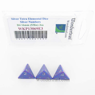 WKP13069E3 Silver Tetra Elemental Dice Silver Numbers D4 16mm Pack of 3 (ONLINE ORDER ONLY)