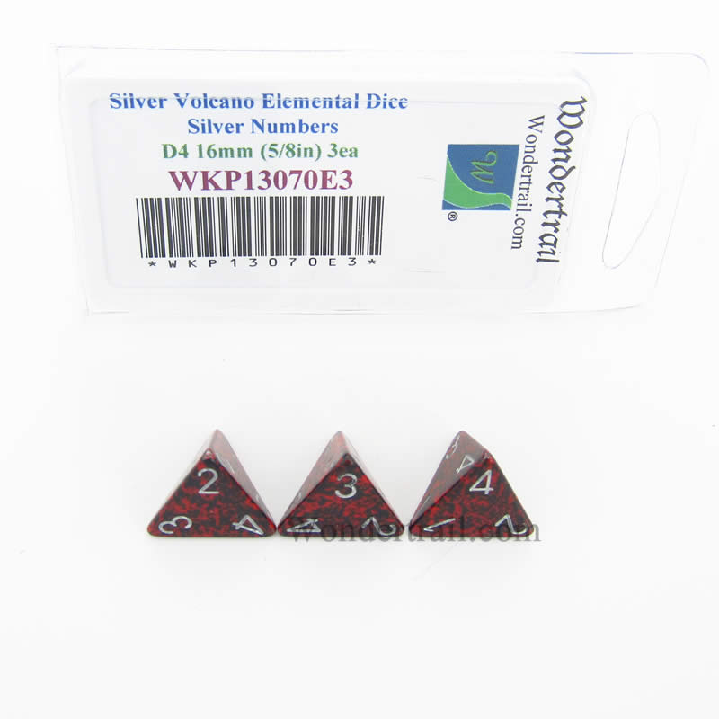 WKP13070E3 Silver Volcano Elemental Dice Silver Numbers D4 16mm Pack of 3 (ONLINE ORDER ONLY)