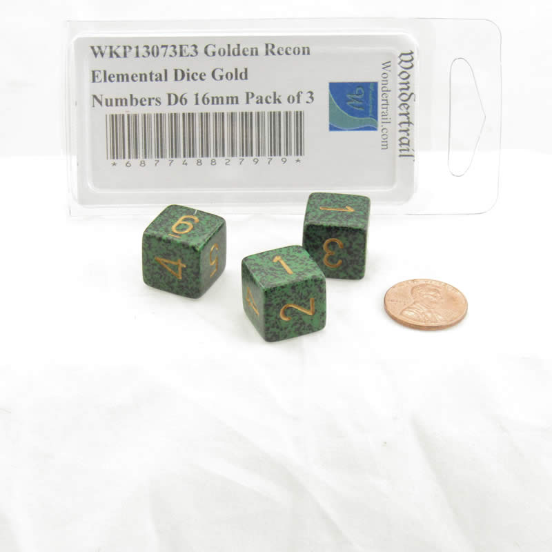 WKP13073E3 Golden Recon Elemental Dice Gold Numbers D6 16mm Pack of 3 (ONLINE ORDER ONLY)
