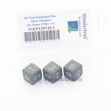 WKP13074E3 Hi Tech Elemental Dice Silver Numbers D6 16mm Pack of 3 (ONLINE ORDER ONLY)