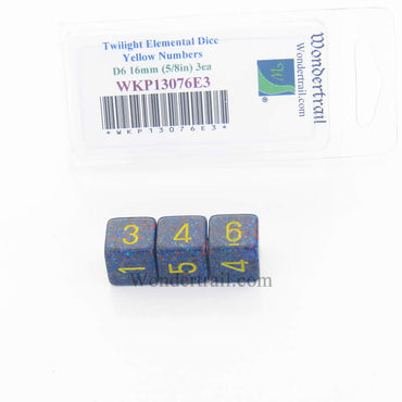 WKP13076E3 Twilight Elemental Dice Yellow Numbers D6 16mm Pack of 3 (ONLINE ORDER ONLY)