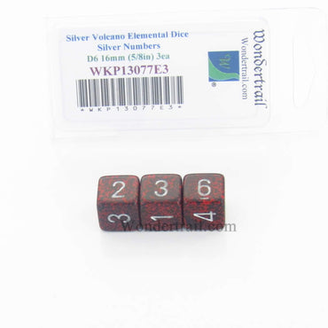 WKP13077E3 Silver Volcano Elemental Dice Silver Numbers D6 16mm Pack of 3 (ONLINE ORDER ONLY)