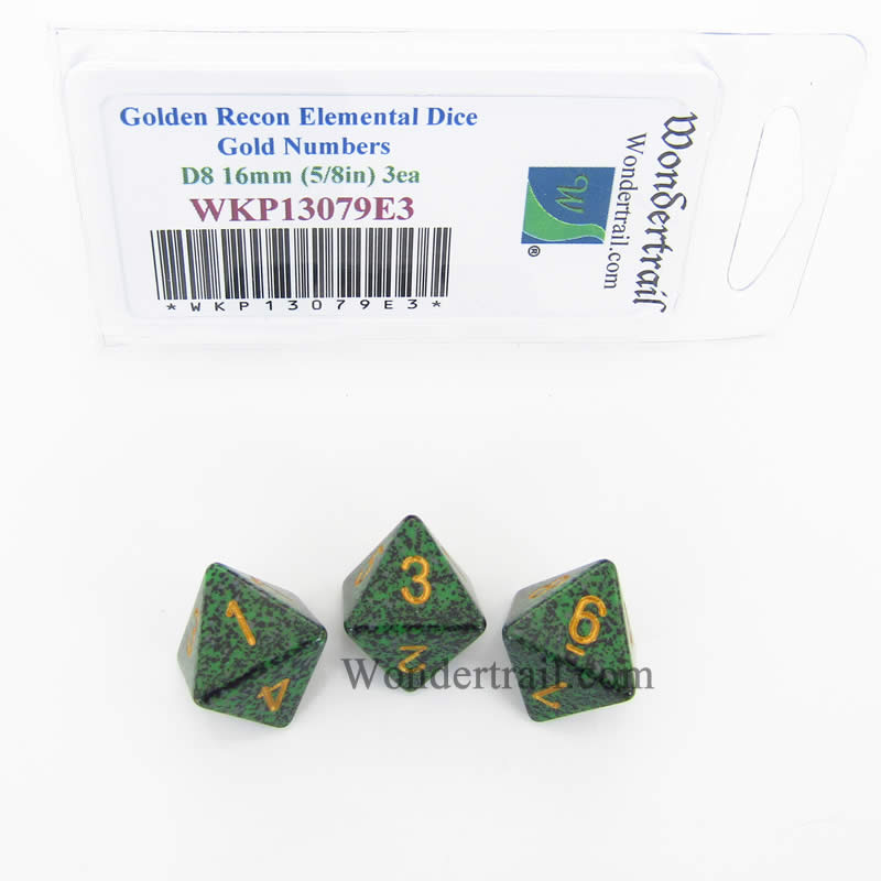 WKP13079E3 Golden Recon Elemental Dice Gold Numbers D8 16mm Pack of 3 (ONLINE ORDER ONLY)