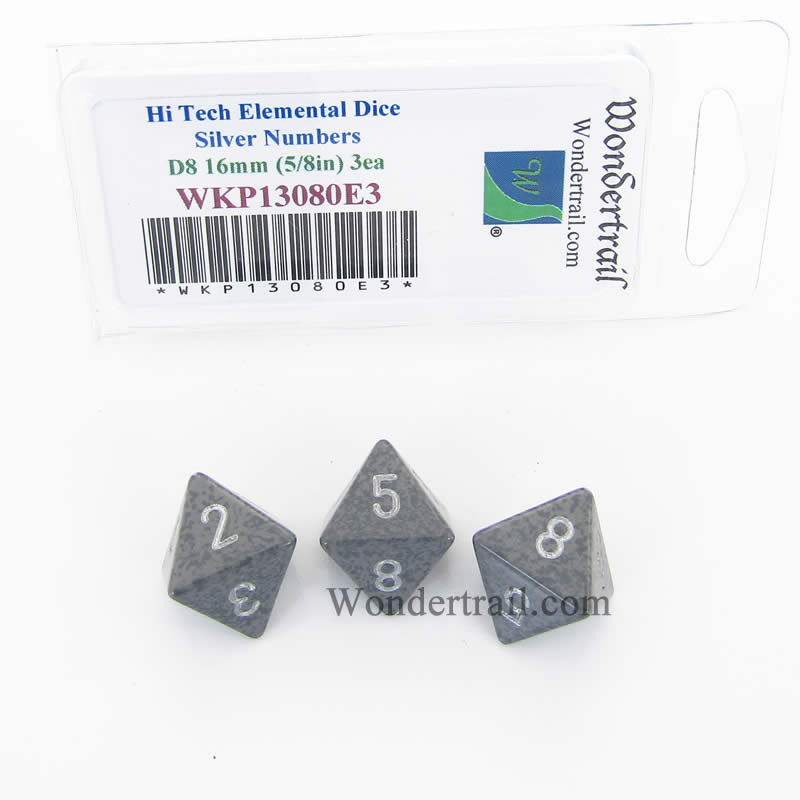WKP13080E3 Hi Tech Elemental Dice Silver Numbers D8 16mm Pack of 3 (ONLINE ORDER ONLY)