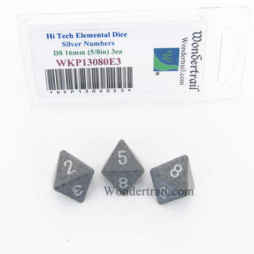WKP13080E3 Hi Tech Elemental Dice Silver Numbers D8 16mm Pack of 3 (ONLINE ORDER ONLY)