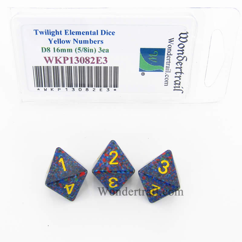 WKP13082E3 Twilight Elemental Dice Yellow Numbers 16mm D8 Pack of 3 (ONLINE ORDER ONLY)