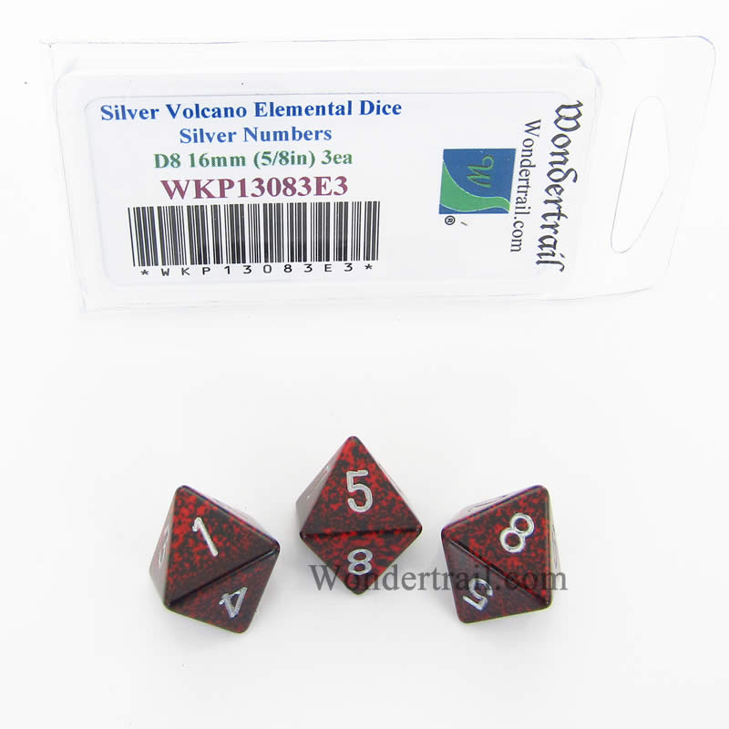 WKP13083E3 Silver Volcano Elemental Dice Silver Numbers 16mm D8 Pack of 3 (ONLINE ORDER ONLY)