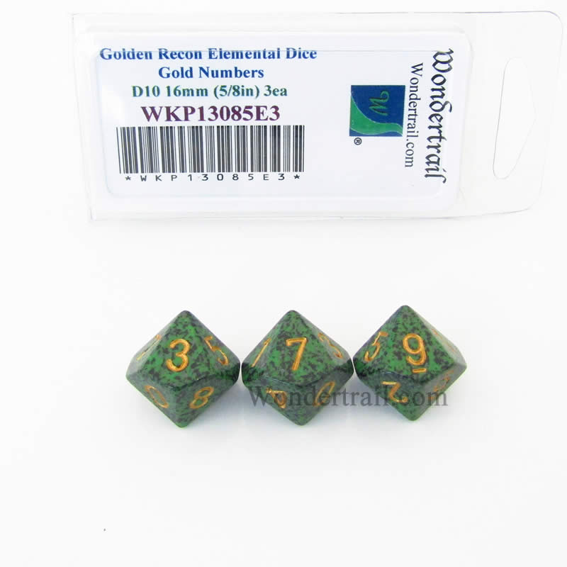 WKP13085E3 Golden Recon Elemental Dice Gold Numbers 16mm D10 Pack of 3 (ONLINE ORDER ONLY)