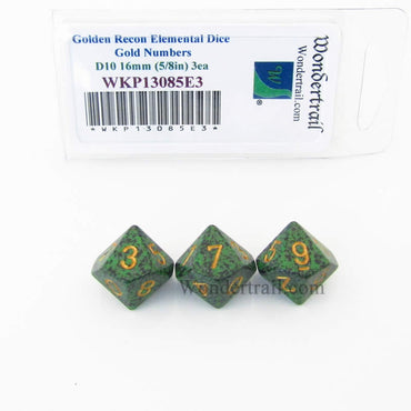 WKP13085E3 Golden Recon Elemental Dice Gold Numbers 16mm D10 Pack of 3 (ONLINE ORDER ONLY)