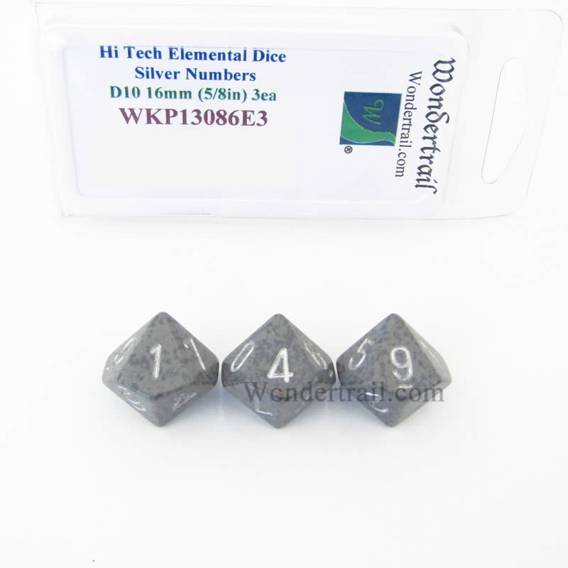 WKP13086E3 Hi Tech Elemental Dice Silver Numbers 16mm D10 Pack of 3 (ONLINE ORDER ONLY)