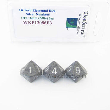 WKP13086E3 Hi Tech Elemental Dice Silver Numbers 16mm D10 Pack of 3 (ONLINE ORDER ONLY)