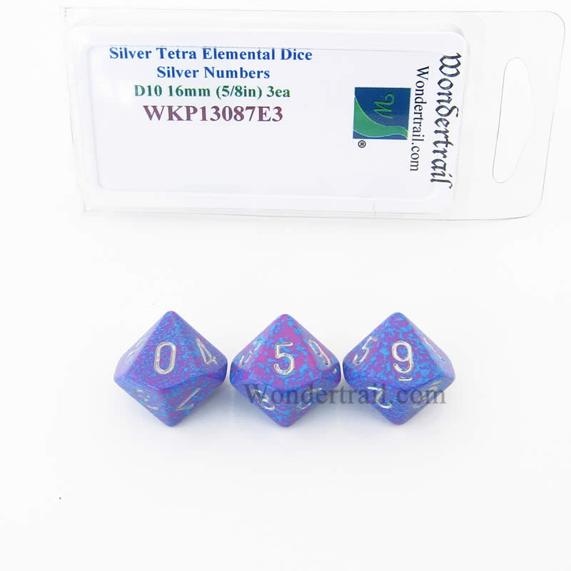 WKP13087E3 Silver Tetra Elemental Dice Silver Numbers 16mm D10 Pack of 3 (ONLINE ORDER ONLY)
