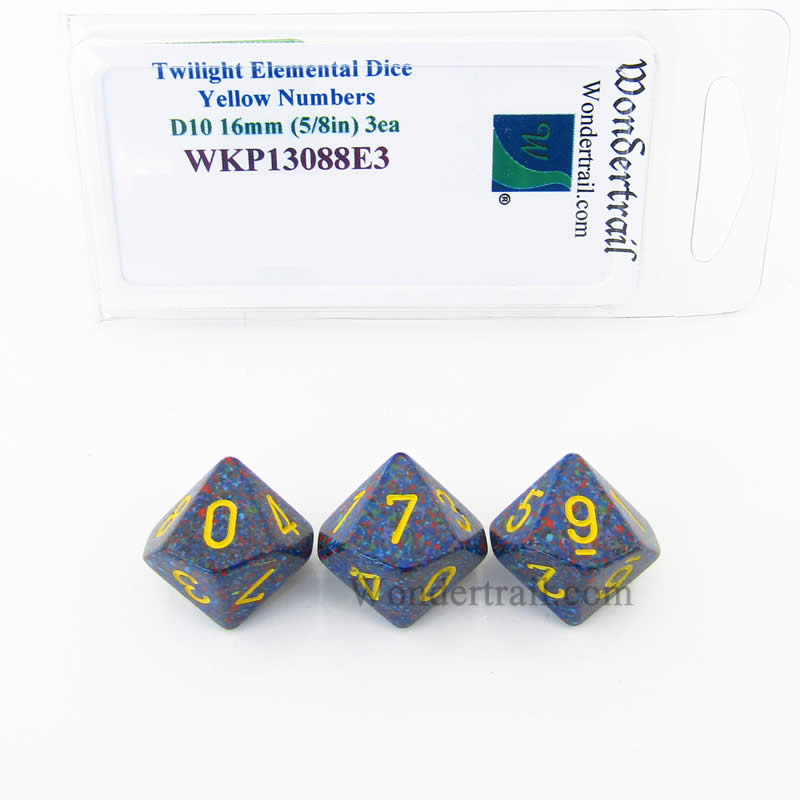 WKP13088E3 Twilight Elemental Dice Yellow Numbers 16mm D10 Pack of 3 (ONLINE ORDER ONLY)