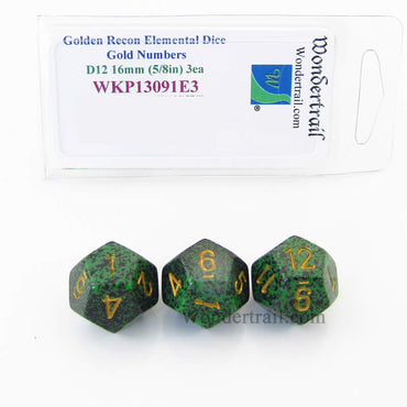 WKP13091E3 Golden Recon Elemental Dice Gold Numbers 16mm D12 Pack of 3 (ONLINE ORDER ONLY)