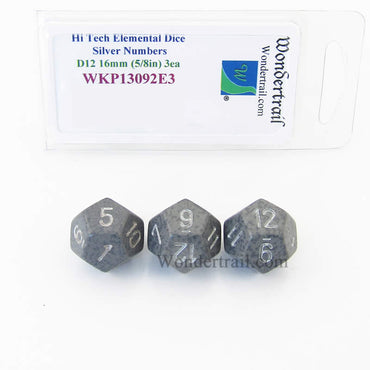 WKP13092E3 Hi Tech Elemental Dice Silver Numbers 16mm D12 Pack of 3 (ONLINE ORDER ONLY)