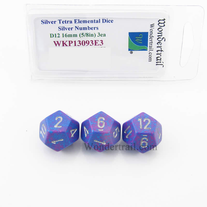 WKP13093E3 Silver Tetra Elemental Dice Silver Numbers 16mm D12 Pack of 3 (ONLINE ORDER ONLY)