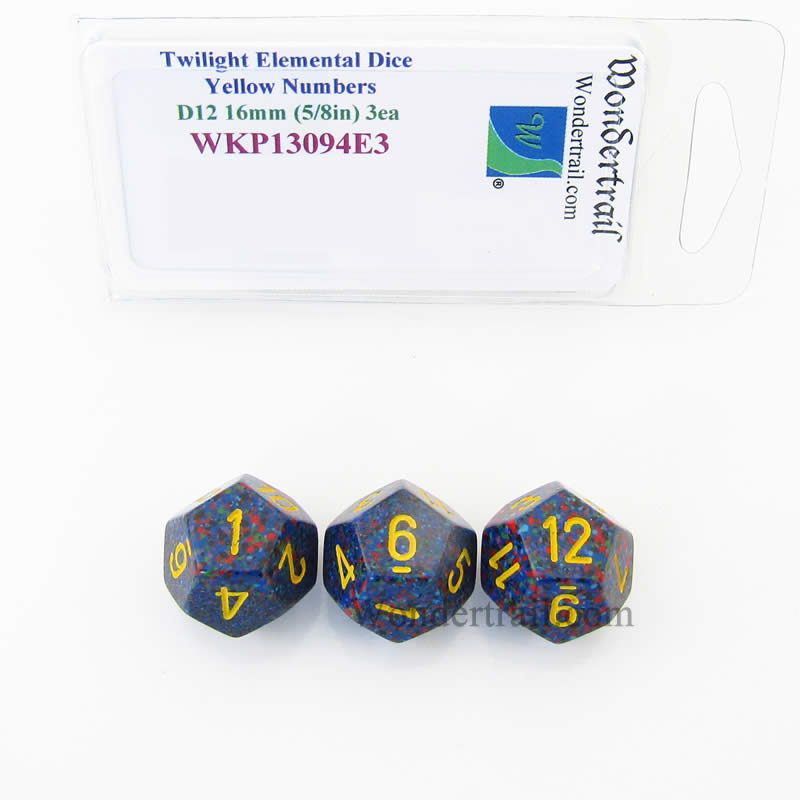 WKP13094E3 Twilight Elemental Dice Yellow Numbers 16mm D12 Pack of 3 (ONLINE ORDER ONLY)