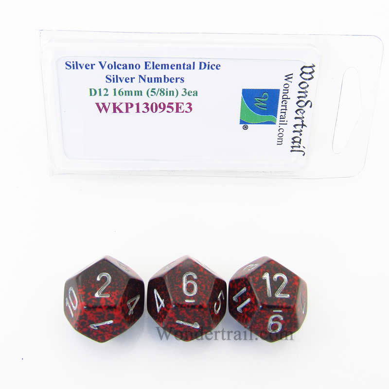WKP13095E3 Silver Volcano Elemental Dice Silver Numbers 16mm D12 Pack of 3 (ONLINE ORDER ONLY)