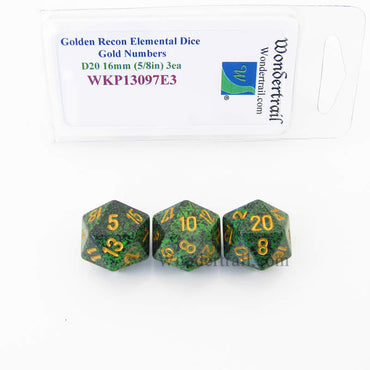 WKP13097E3 Golden Recon Elemental Dice Gold Numbers 16mm D20 Pack of 3 (ONLINE ORDER ONLY)