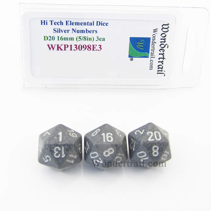 WKP13098E3 Hi Tech Elemental Dice Silver Numbers 16mm D20 Pack of 3 (ONLINE ORDER ONLY)