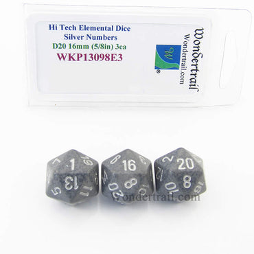 WKP13098E3 Hi Tech Elemental Dice Silver Numbers 16mm D20 Pack of 3 (ONLINE ORDER ONLY)