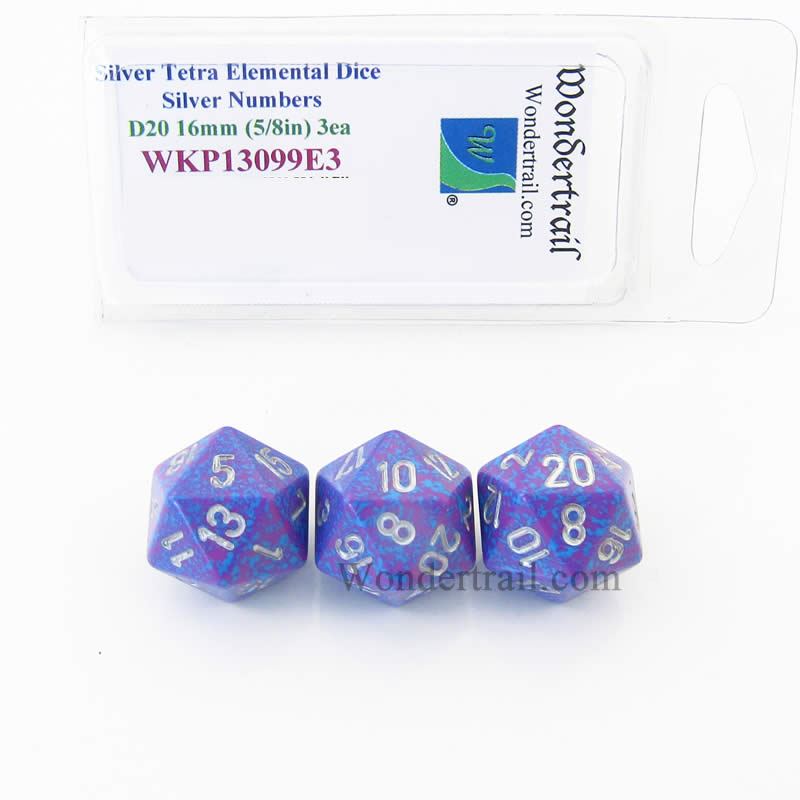 WKP13099E3 Silver Tetra Elemental Dice Silver Numbers 16mm D20 Pack of 3 (ONLINE ORDER ONLY)